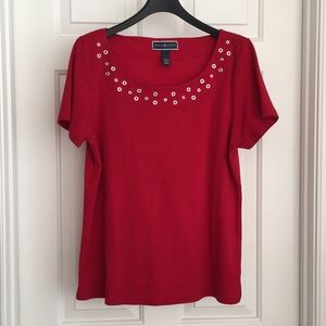 Karen Scott Tee Large Red Short Sleeves Studded Neckline